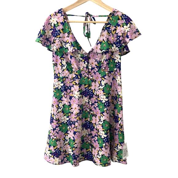 ASOS Design Flutter Sleeve Button Front Mini Dress - Purple Floral - 6 - Picture 1 of 8